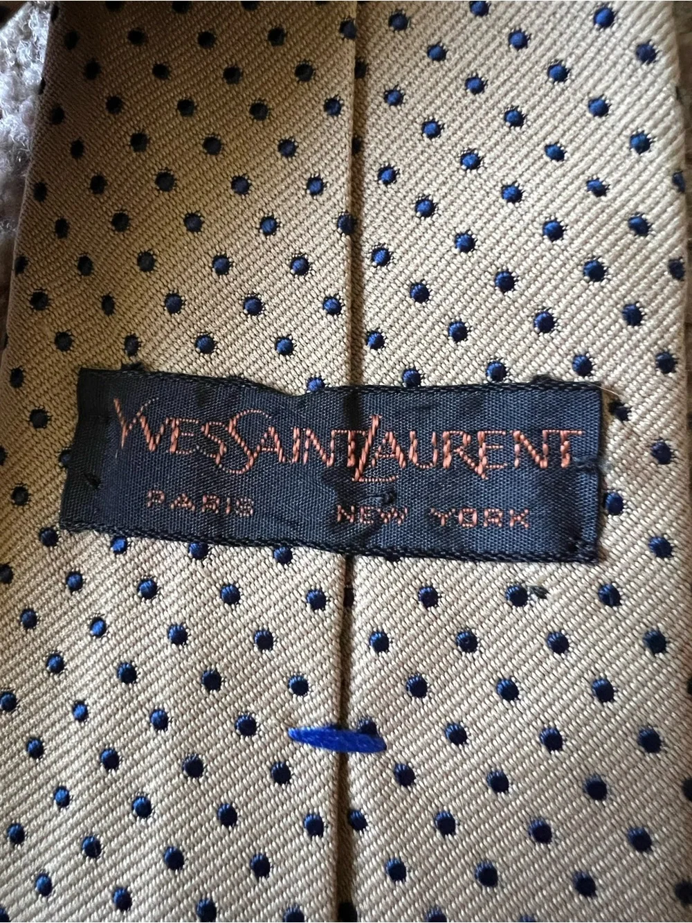 Vintage Yves Saint Laurent Silk Polka Dot Tie YSL Tan Gold Navy Logo